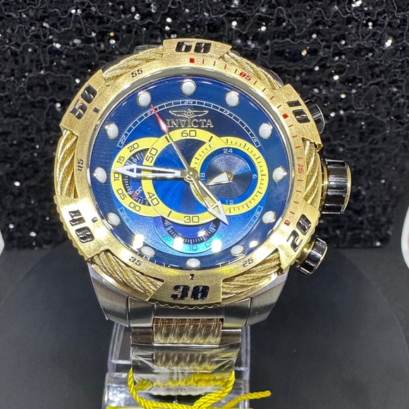 Men's (NWT) Blue and Yellow Faced w/Gold Bezel & Two-Toned Gold & Silver Band - Picture 2 of 4